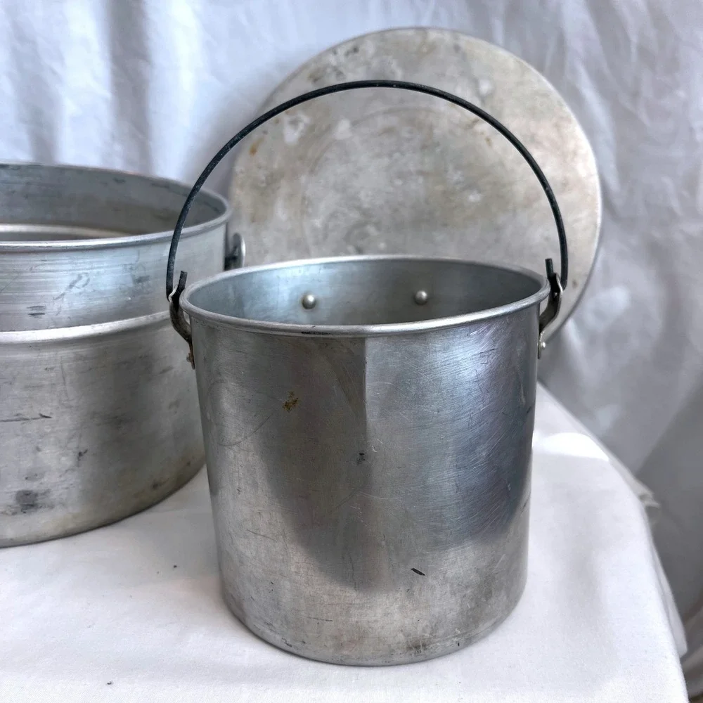 Vintage Aluminum Nesting Camping Cookware Set 3 Pots 1 Lid Glamping Outdoor